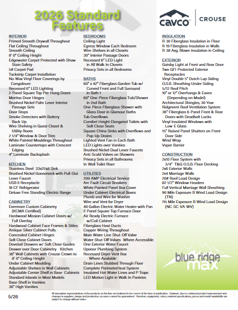 Blue Ridge Max Standard Features