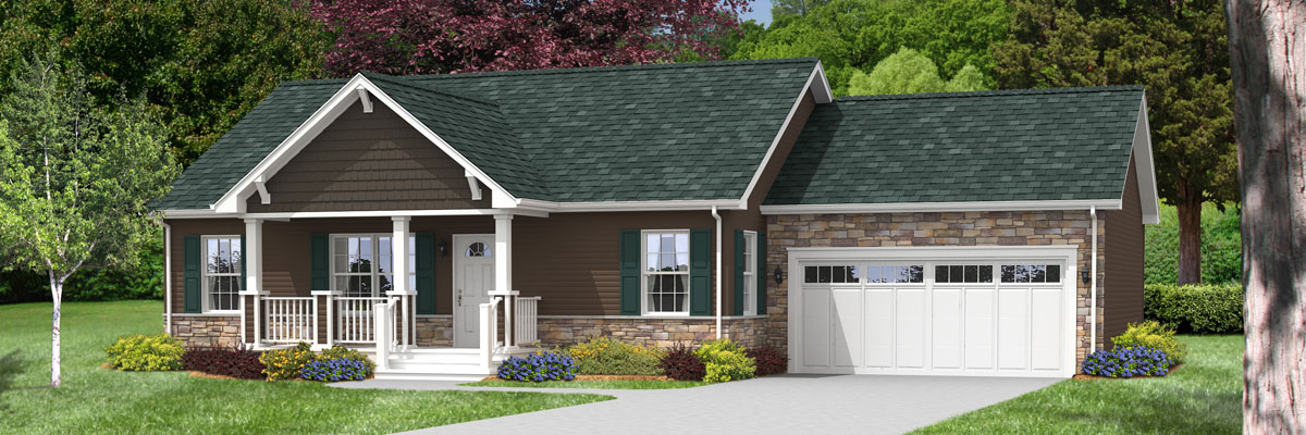 An exterior view of the three-bed, two-bath Birchton modular home with an attached garage built by Cavco – Emlenton, Pennsylvania.