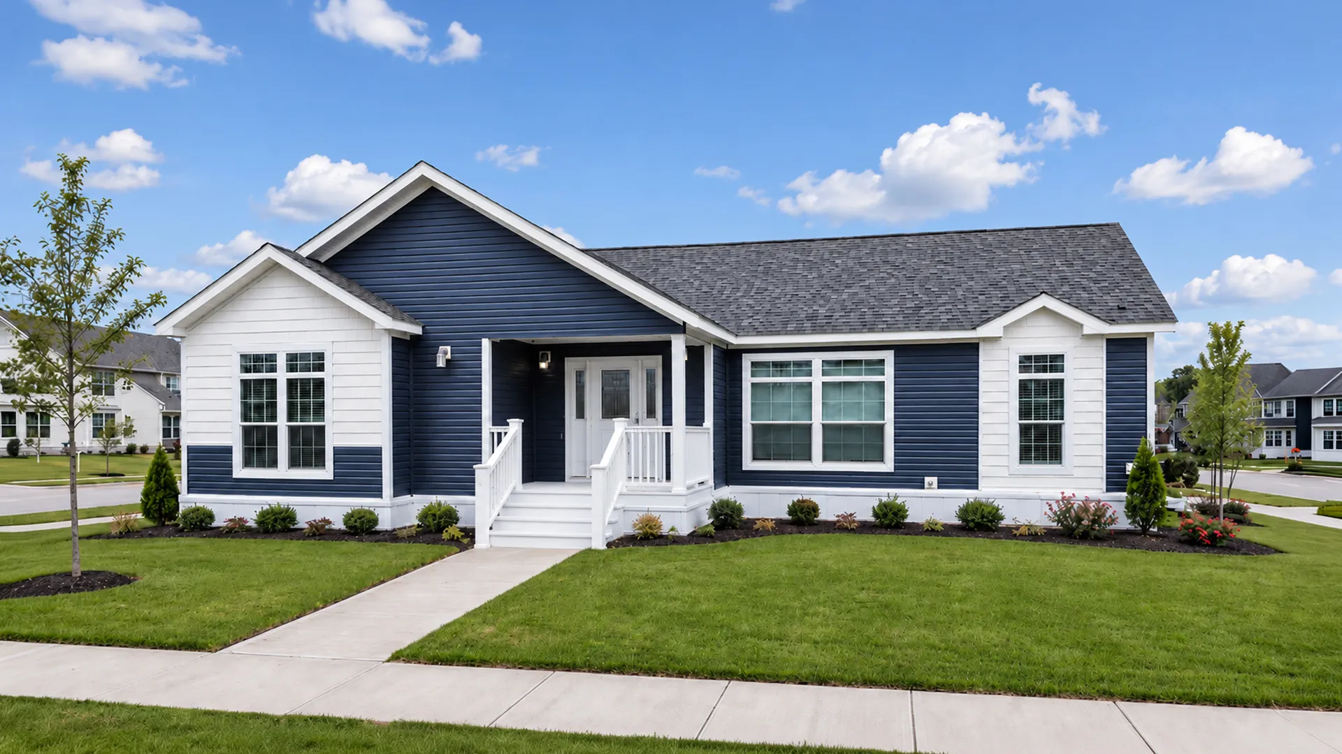 a contemporary modular home with a layered roofline, contrasting exterior and covered entry, built by Cavco - Nappanee