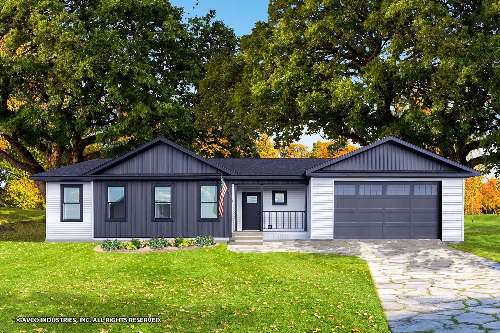 Cavco – Manorwood two-toned gray Casita 4 manufactured modular home with a built-in garage two-story living area super modern and contemporary design durable siding exterior curb appeal with skirting.
