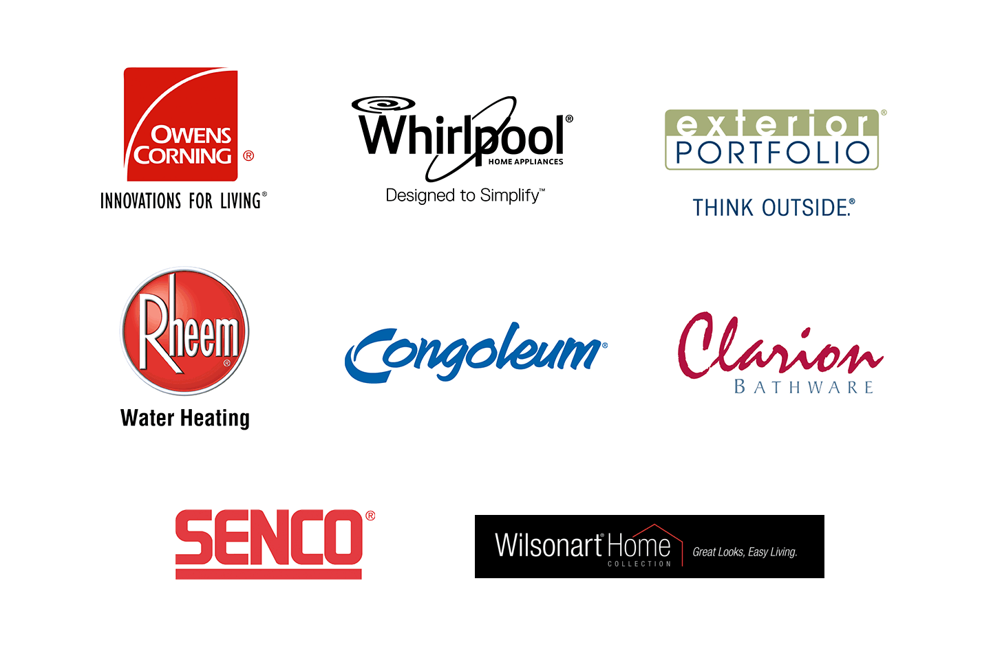 Cavco Shippenville product logos including Owens Corning, Whirlpool, Exterior Portfolio, Rheem, Congoleum, Wilsonart, Clarion and Senco